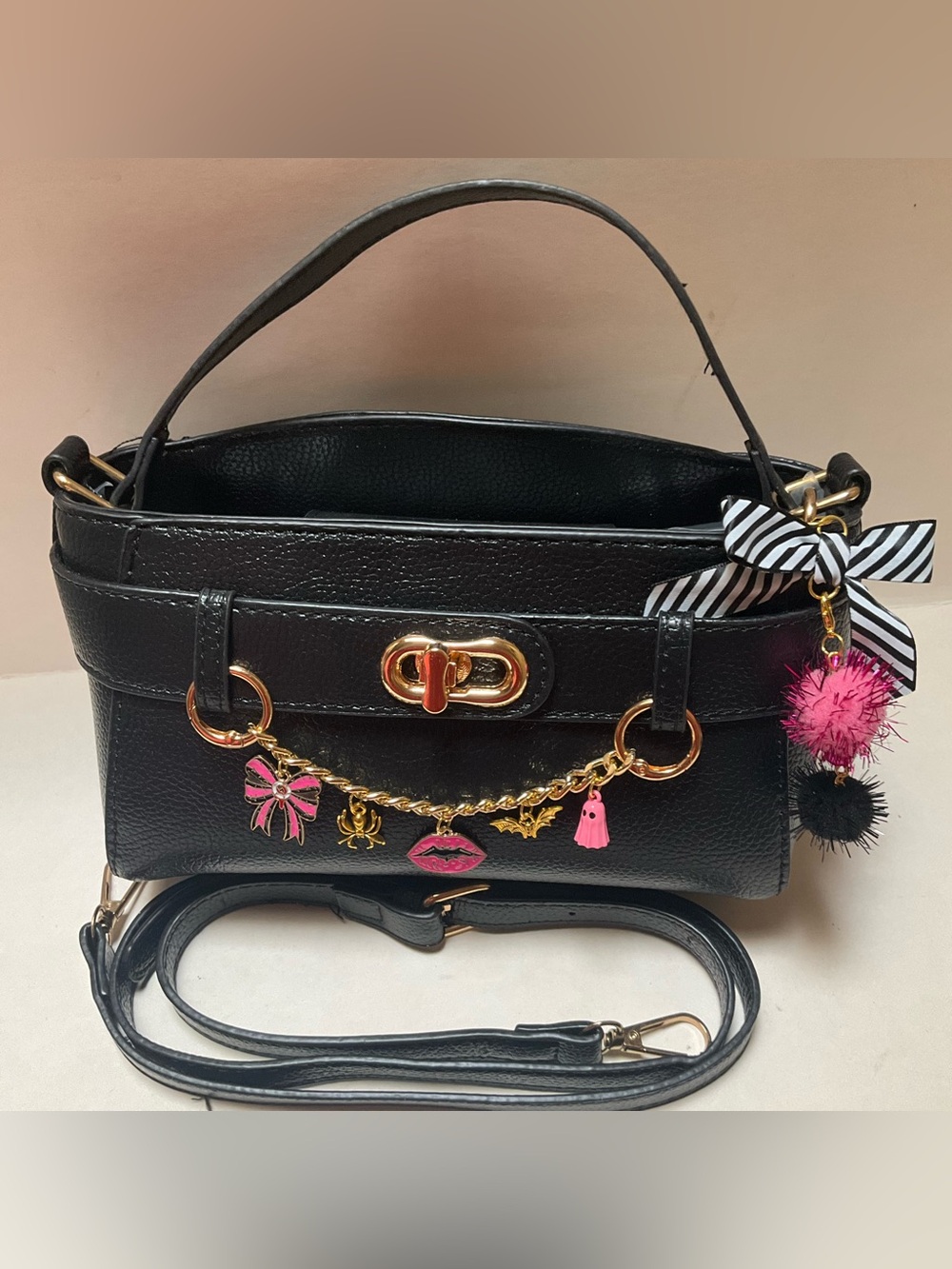 Mini Coquette purse Novelty Black/ PINK Halloween Bag Charms Top-Handle Satchel